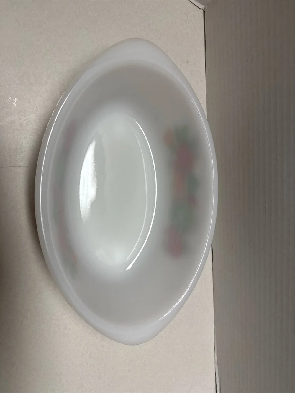 Vintage Glasbake Milk Glass Oval Vegetables Theme 1 qt Casserole Dish W/ Lid